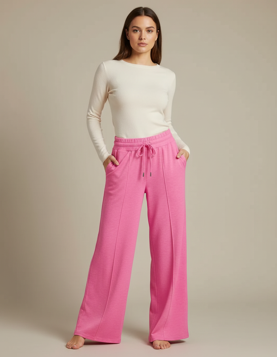 Pantalon Fluide Rose Ample Cordon Décontracté - Molleton