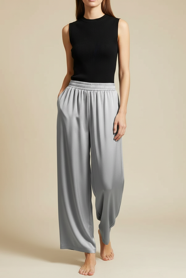 Pantalon Fluide Gris Satiné Ample Décontracté Long