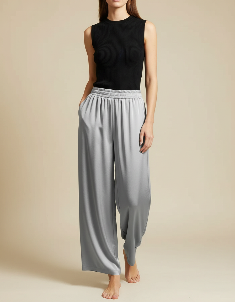 Pantalon Fluide Gris Satiné Ample Décontracté Long