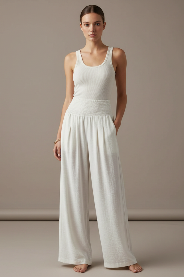 Pantalon Fluide Écru Ample Smocké Confortable Décontracté - Blanc Viscose