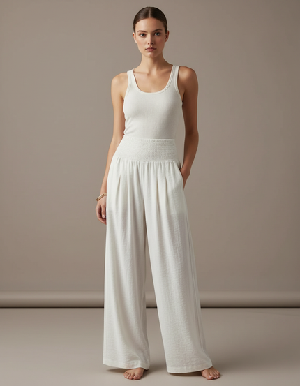 Pantalon Fluide Écru Ample Smocké Confortable Décontracté - Blanc Viscose