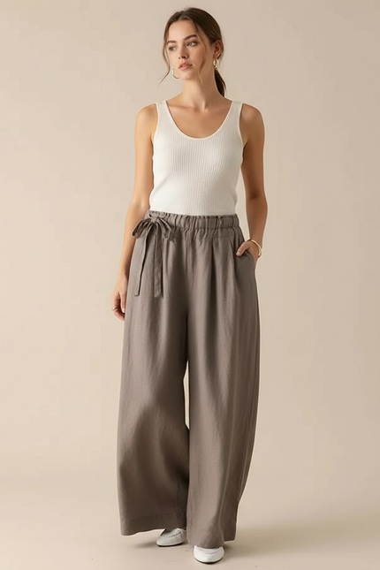 Pantalon Fluide Gris Ample Lin Taille Haute