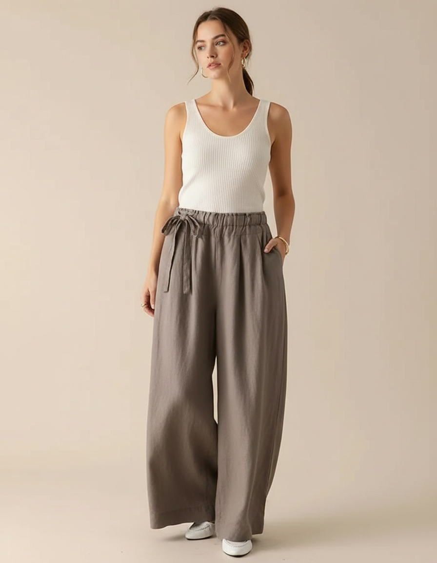 Pantalon Fluide Gris Ample Lin Taille Haute