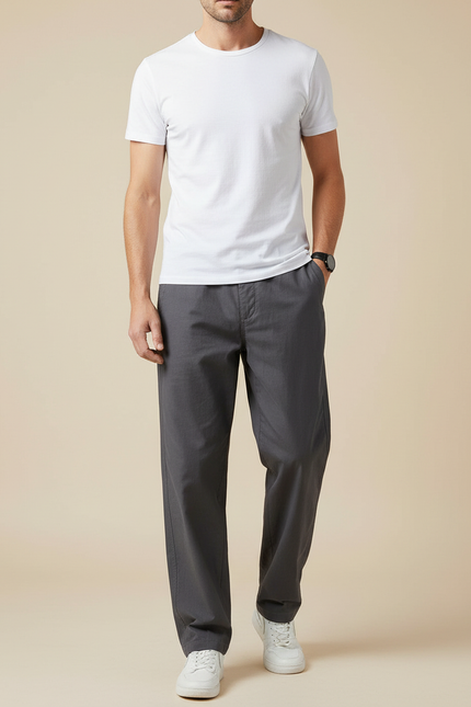 Pantalon Fluide Homme Gris Ample Décontracté Coton