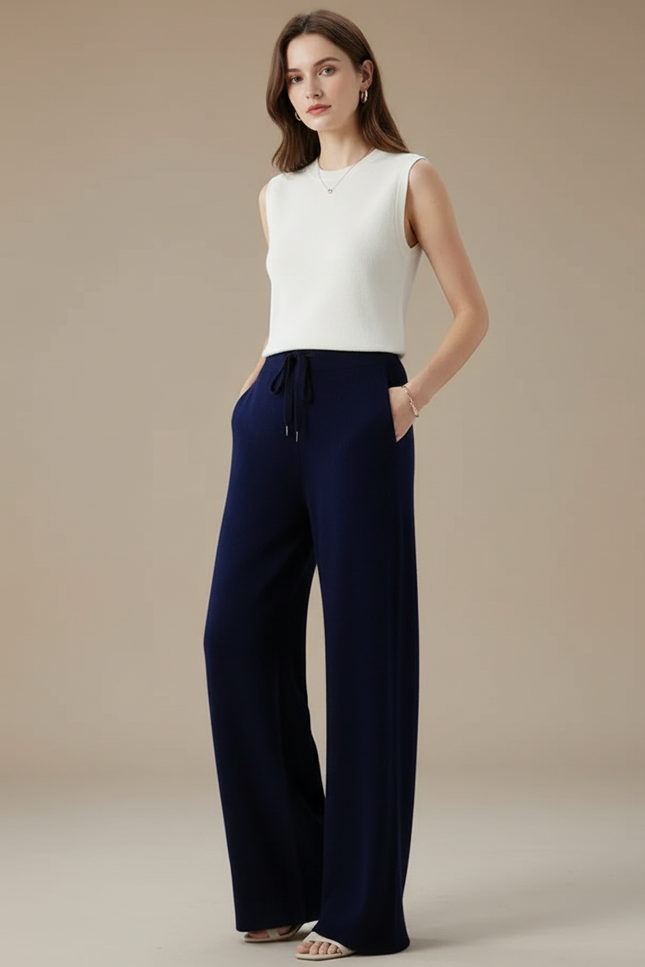 Pantalon Fluide Bleu Marine Ample Laine Mérinos Cordon