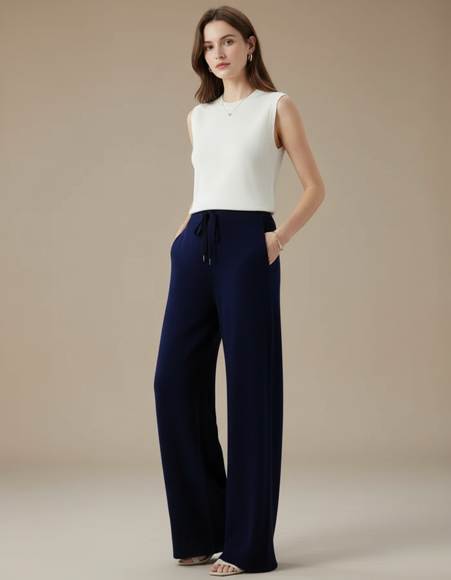 Pantalon Fluide Bleu Marine Ample Laine Mérinos Cordon