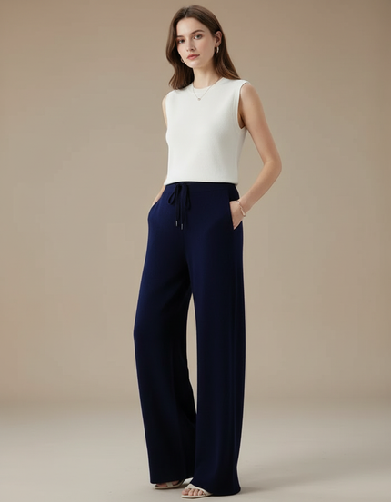 Pantalon Fluide Bleu Marine Ample Laine Mérinos Cordon