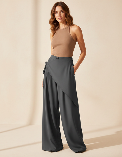 Pantalon Fluide Gris Ample Élégant Asymétrique Femme - Viscose