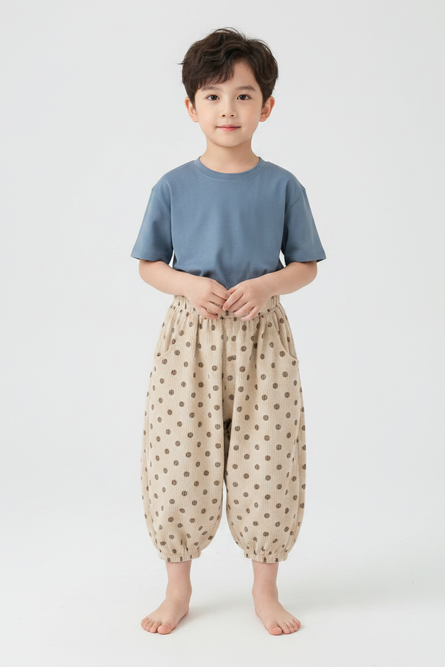 Pantalon Fluide Garçon Beige Coupe Ample Coton Pois - Imprimé Cordé
