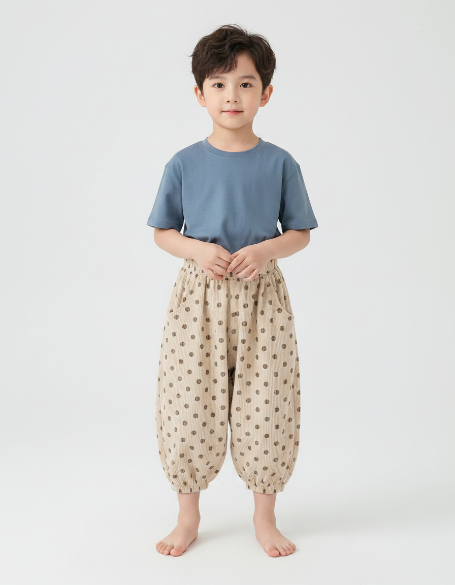 Pantalon Fluide Garçon Beige Coupe Ample Coton Pois - Imprimé Cordé