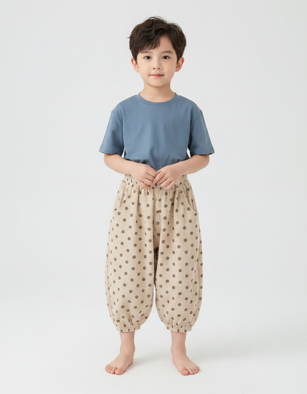 Pantalon Fluide Garçon Beige Coupe Ample Coton Pois - Imprimé Cordé