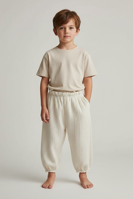 Pantalon Fluide Écru Coton Ample Décontracté Unisexe - Beige