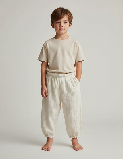 Pantalon Fluide Écru Coton Ample Décontracté Unisexe - Beige