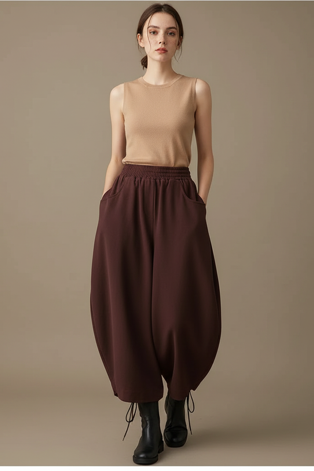 Pantalon Fluide Marron Ample Harem Décontracté Coton - Bordeaux Viscose