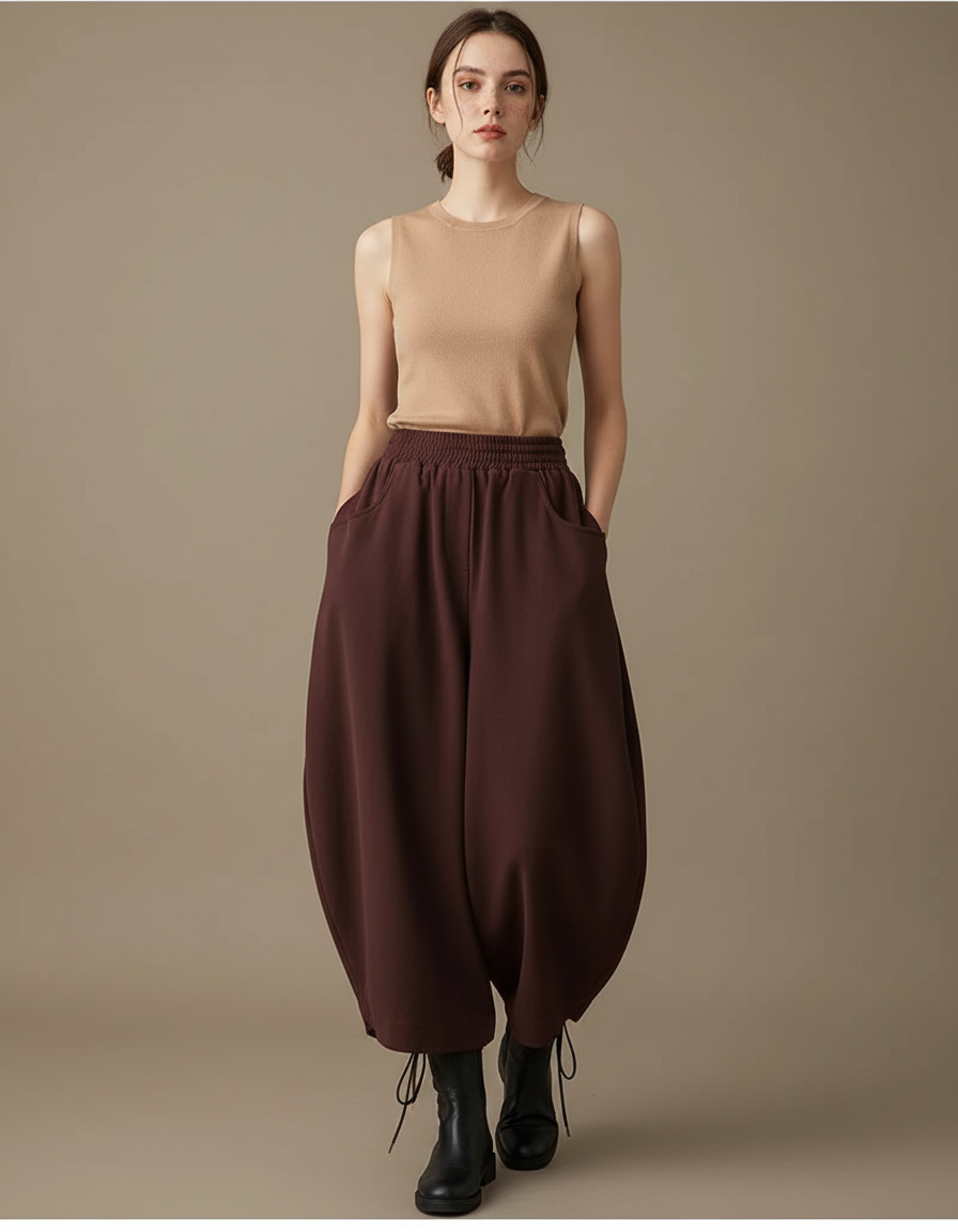 Pantalon Fluide Marron Ample Harem Décontracté Coton - Bordeaux Viscose