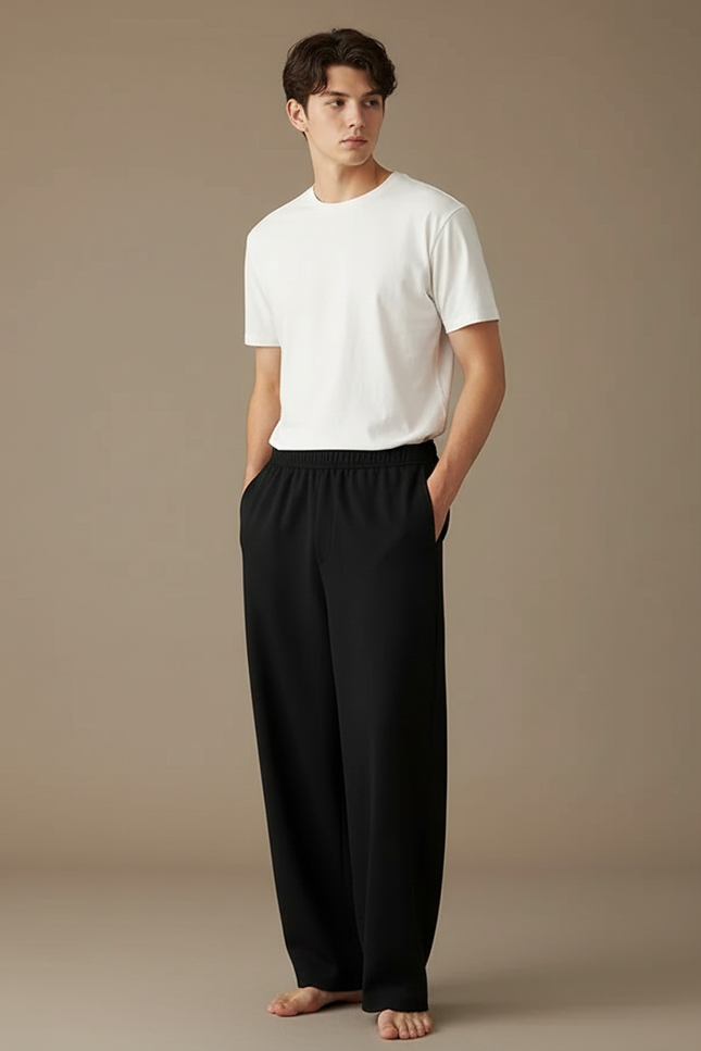 Pantalon Fluide Homme Noir Palazzo Viscose - Polyester
