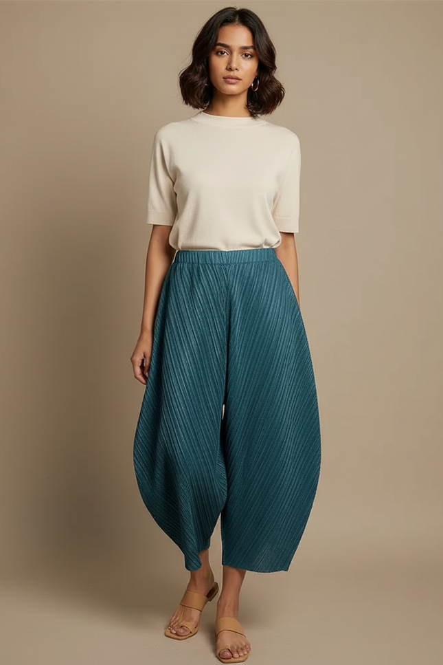 Pantalon Fluide Plissé Ample Vert Canard Décontracté - Polyester