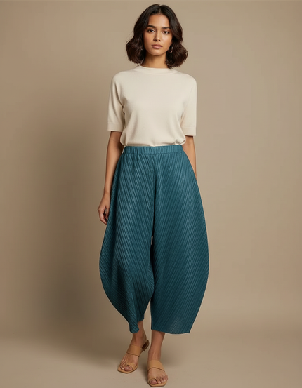 Pantalon Fluide Plissé Ample Vert Canard Décontracté - Polyester