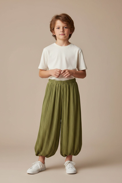 Pantalon Fluide Vert Plissé Ample Décontracté Enfant - Viscose