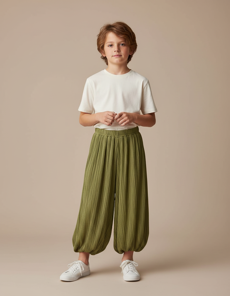 Pantalon Fluide Vert Plissé Ample Décontracté Enfant - Viscose