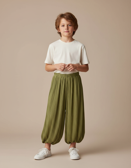 Pantalon Fluide Vert Plissé Ample Décontracté Enfant - Viscose