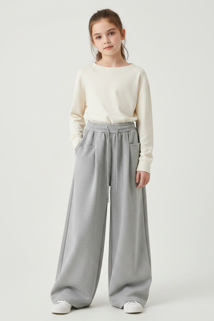 Pantalon Fluide Gris Ample Décontracté Droit Polyester - Molleton