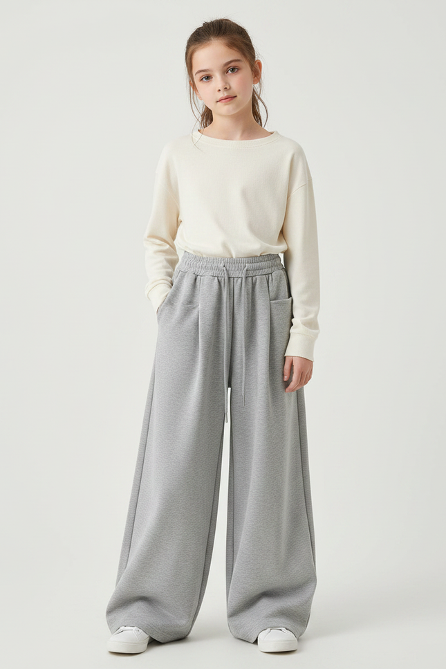 Pantalon Fluide Gris Ample Décontracté Droit Polyester - Molleton