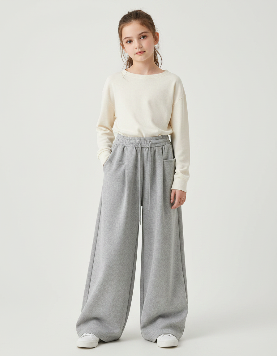 Pantalon Fluide Gris Ample Décontracté Droit Polyester - Molleton