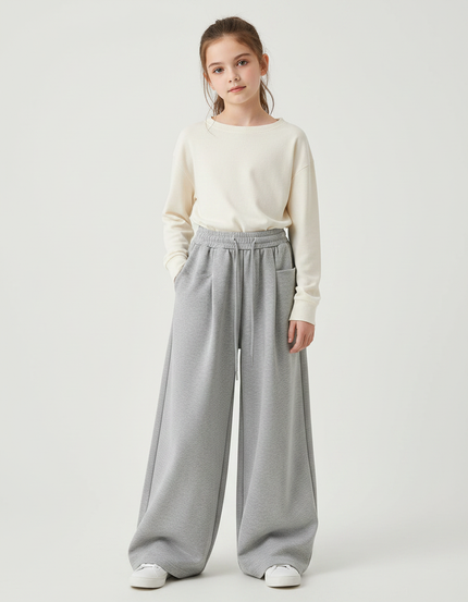 Pantalon Fluide Gris Ample Décontracté Droit Polyester - Molleton