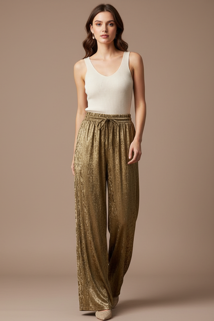 Pantalon Fluide Doré Éclatant Ample Taille Haute - Velours