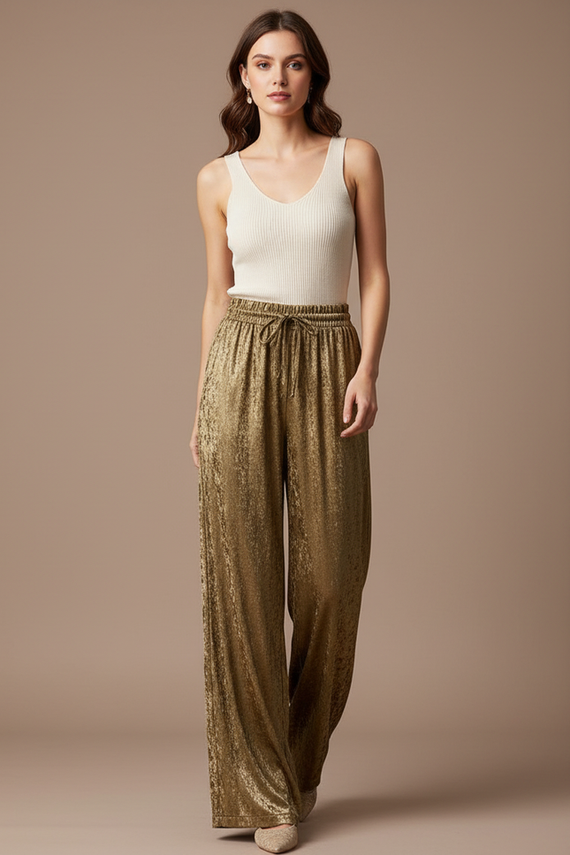 Pantalon Fluide Doré Éclatant Ample Taille Haute - Velours