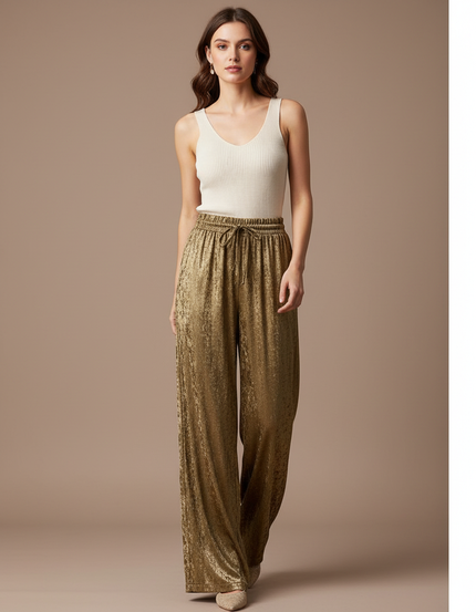 Pantalon Fluide Doré Éclatant Ample Taille Haute - Velours