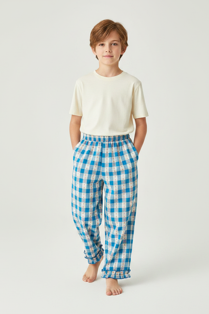 Pantalon Fluide Carreaux Bleu Ciel Volants Coton Enfant