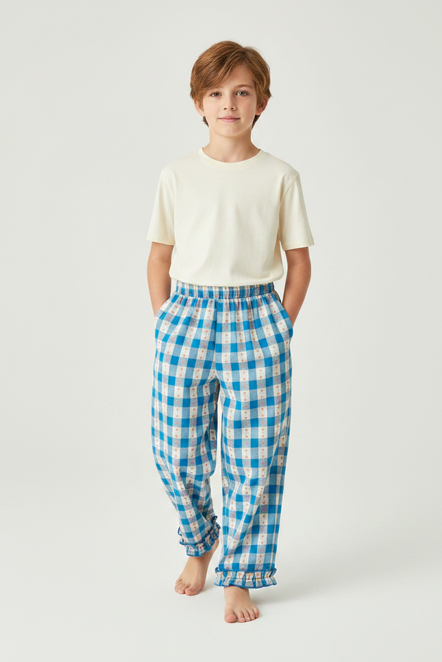 Pantalon Fluide Carreaux Bleu Ciel Volants Coton Enfant