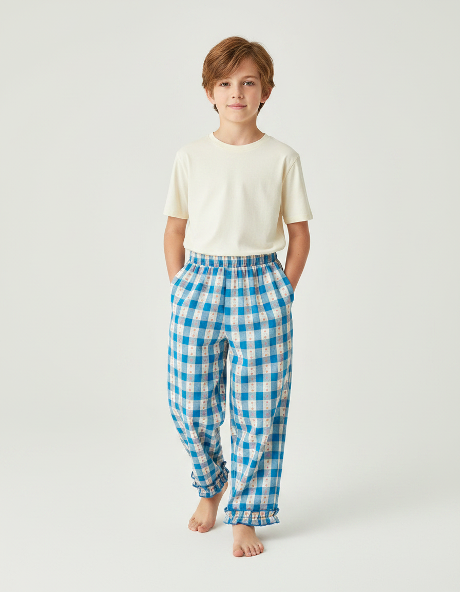 Pantalon Fluide Carreaux Bleu Ciel Volants Coton Enfant