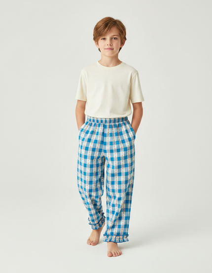 Pantalon Fluide Carreaux Bleu Ciel Volants Coton Enfant