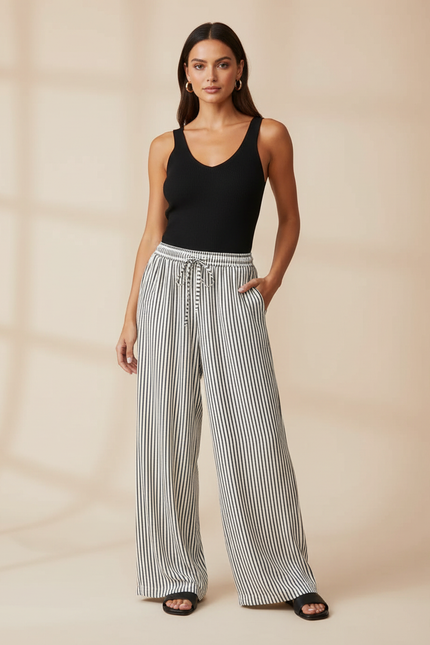Pantalon Fluide Rayé Noir Blanc Ample Cordon Décontracté - Multicolore Lin