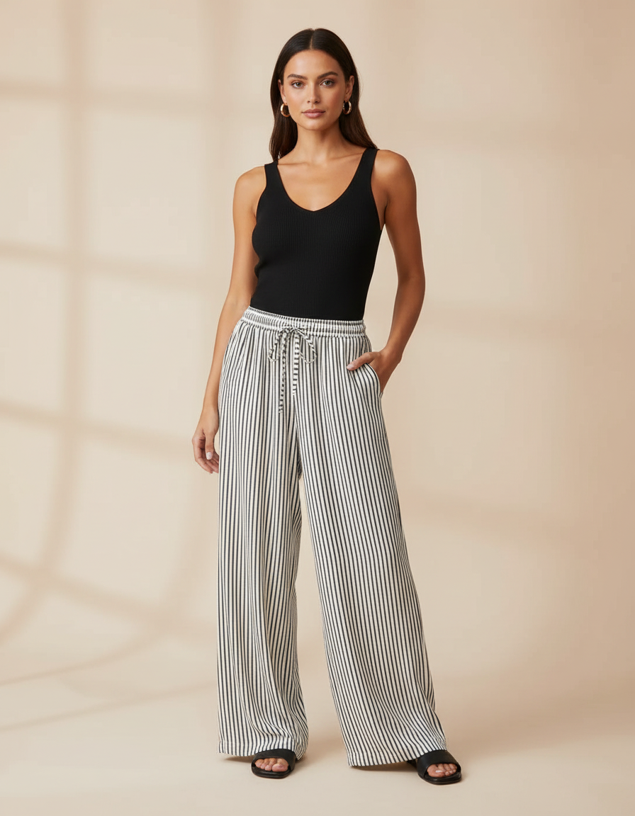 Pantalon Fluide Rayé Noir Blanc Ample Cordon Décontracté - Multicolore Lin