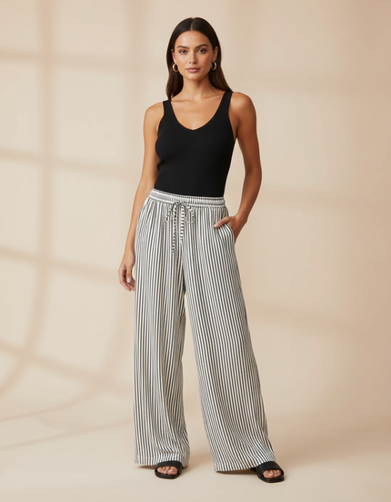 Pantalon Fluide Rayé Noir Blanc Ample Cordon Décontracté - Multicolore Lin