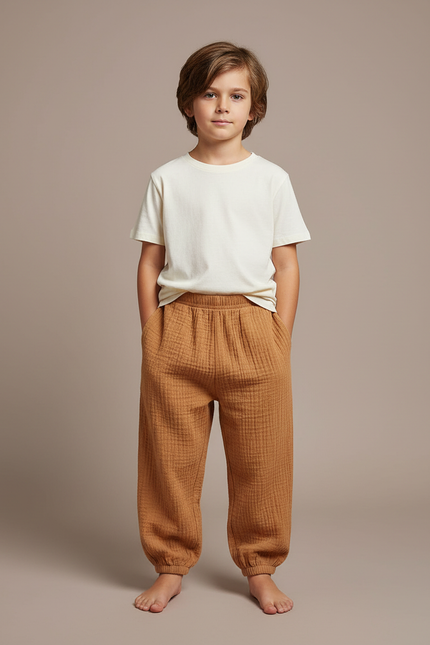 Pantalon Fluide Marron Ample Coton Gaze Confortable Garçon