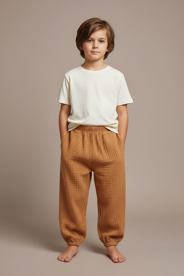 Pantalon Fluide Marron Ample Coton Gaze Confortable Garçon