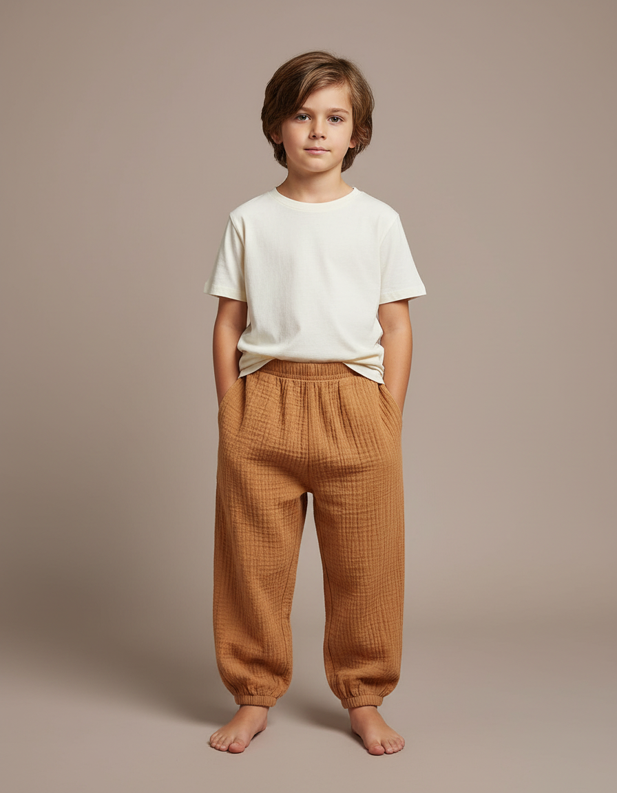 Pantalon Fluide Marron Ample Coton Gaze Confortable Garçon