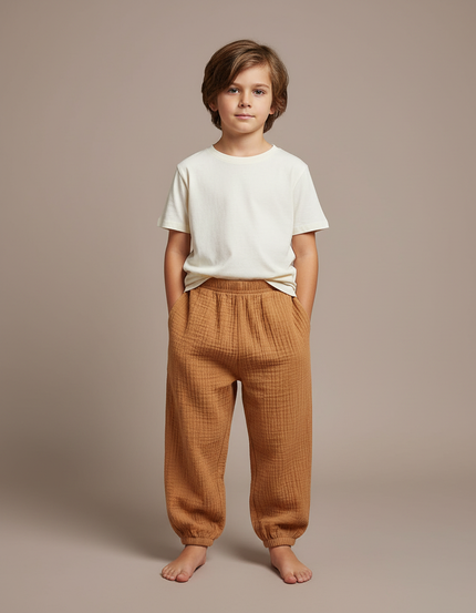 Pantalon Fluide Marron Ample Coton Gaze Confortable Garçon