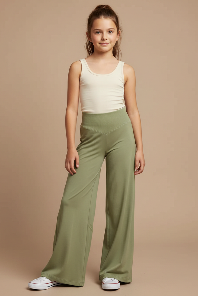 Pantalon Fluide Vert Ample Taille Haute Confortable Enfant - Kaki Maille