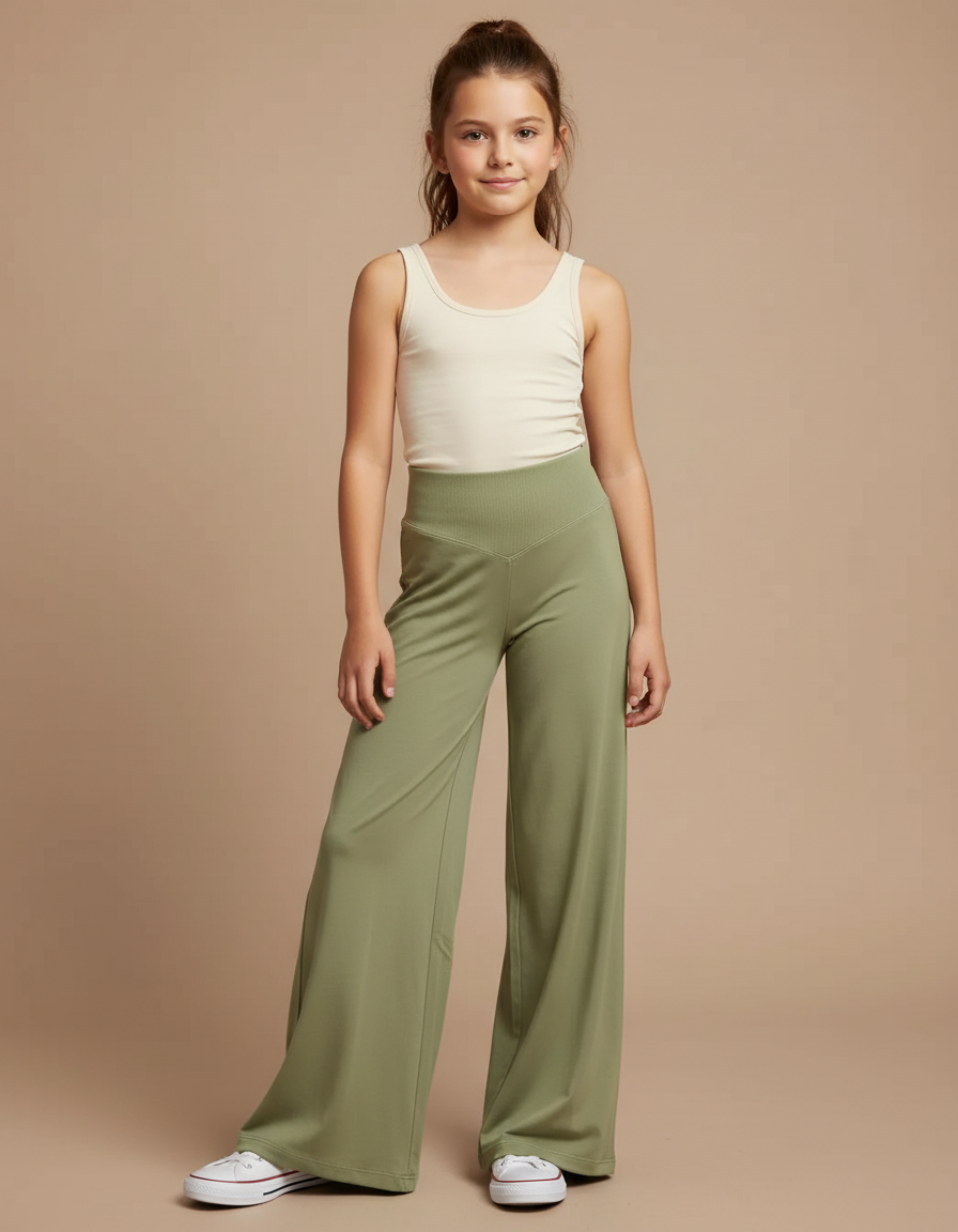 Pantalon Fluide Vert Ample Taille Haute Confortable Enfant - Kaki Maille