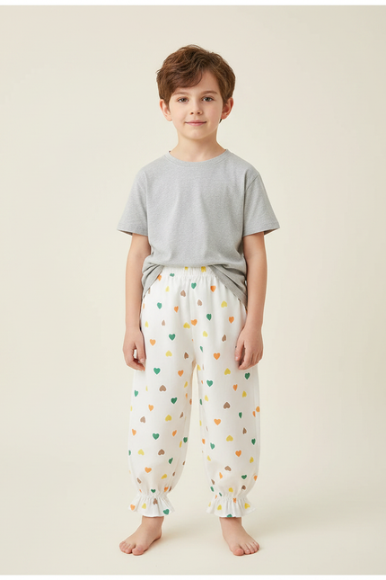 Pantalon Fluide Blanc Cœurs Colorés Ample Enfant - Lin