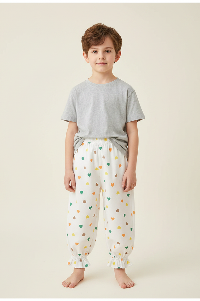 Pantalon Fluide Blanc Cœurs Colorés Ample Enfant - Lin
