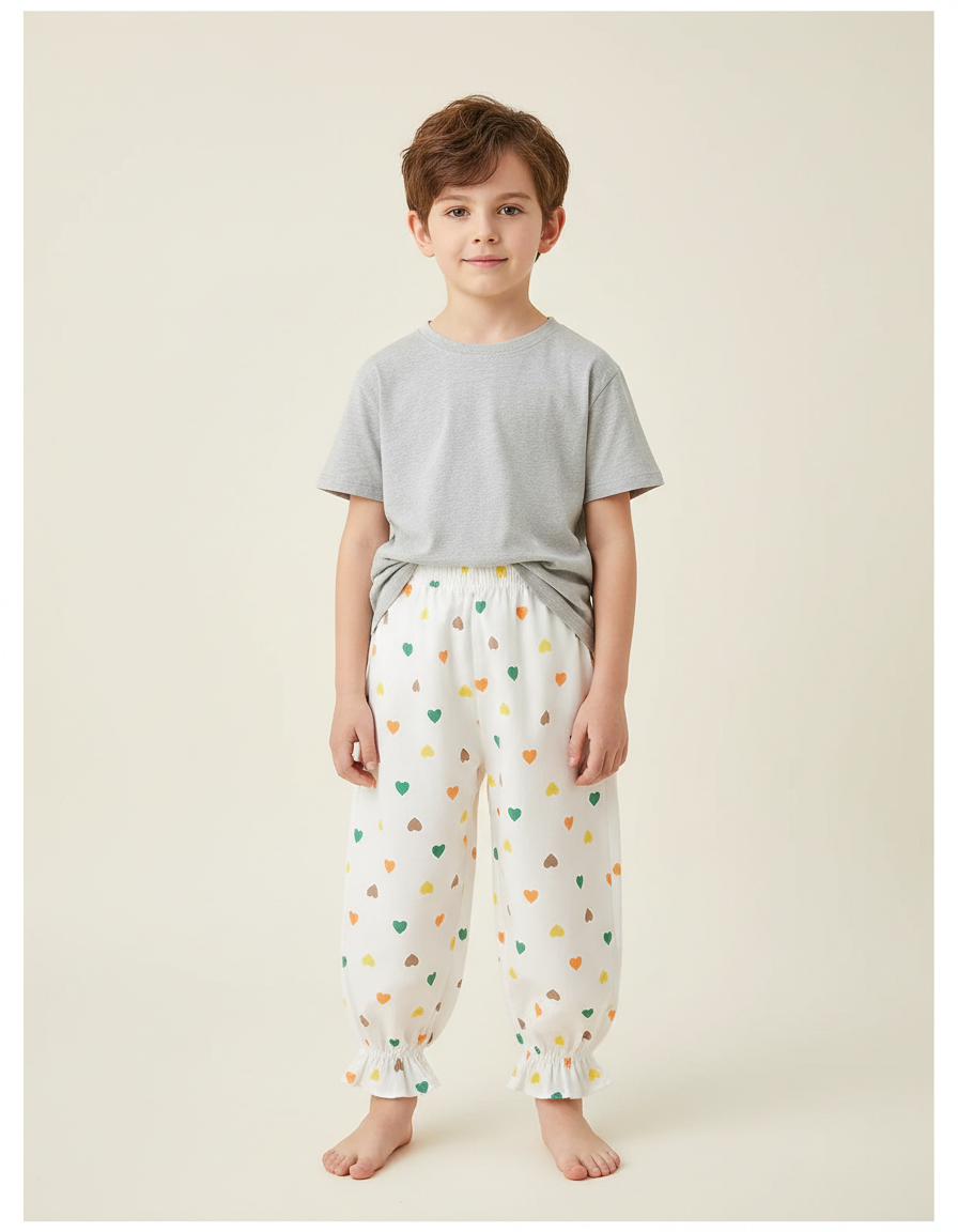 Pantalon Fluide Blanc Cœurs Colorés Ample Enfant - Lin