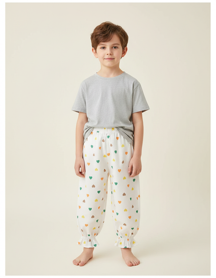 Pantalon Fluide Blanc Cœurs Colorés Ample Enfant - Lin