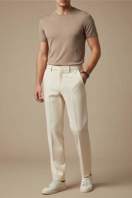 Pantalon Fluide Crème Laine Droit Formel Homme Décontracté - Beige